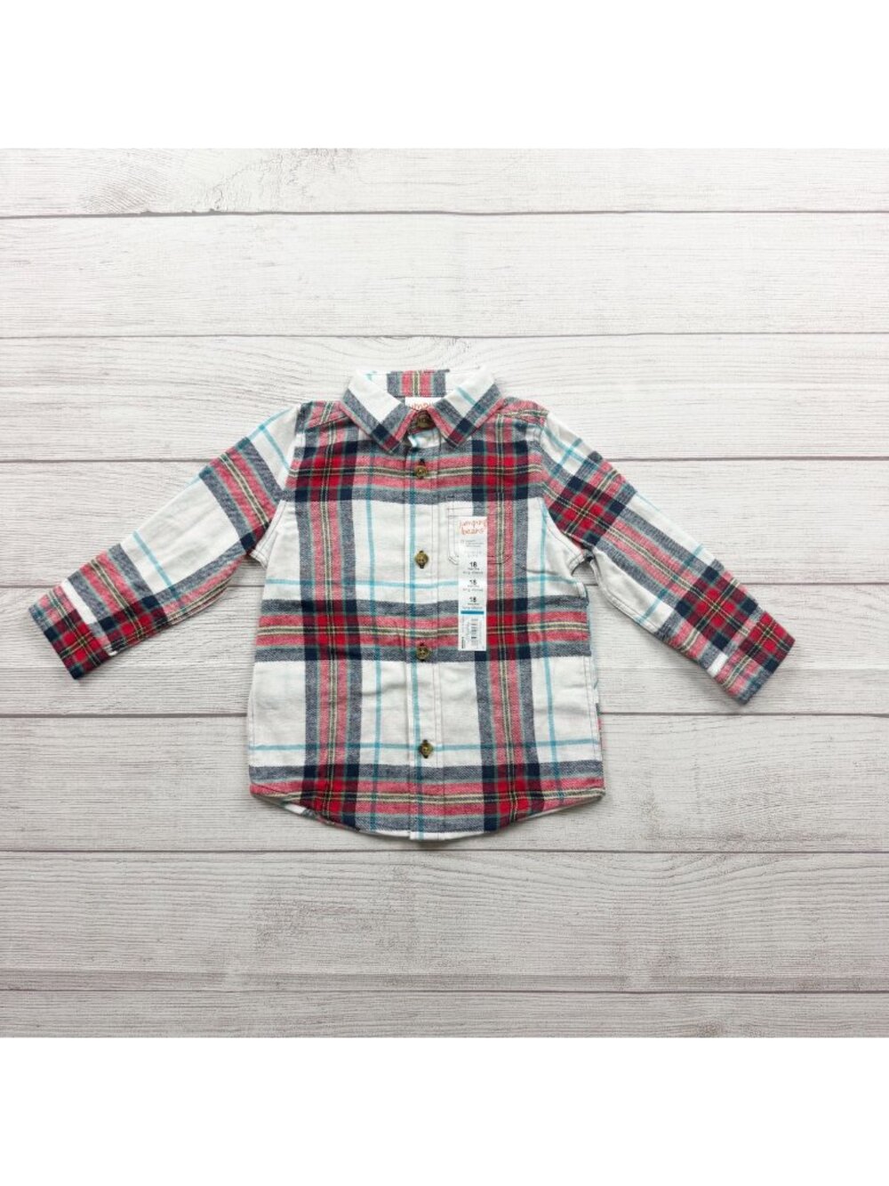 Jumping Beans Toddler Boys Red Green Plaid Button Up Shirt NWT 12-18 Months
